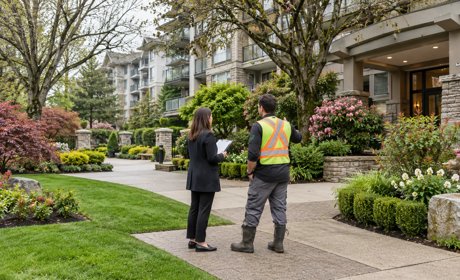 Landscaper meeting a property manager at a strata entrance