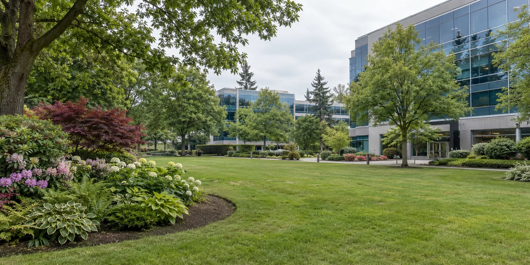 Landscaped beds and lawn maintained on a weekly schedule