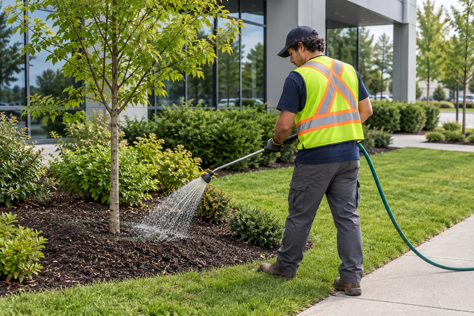 Crew member watering a newly planted tree