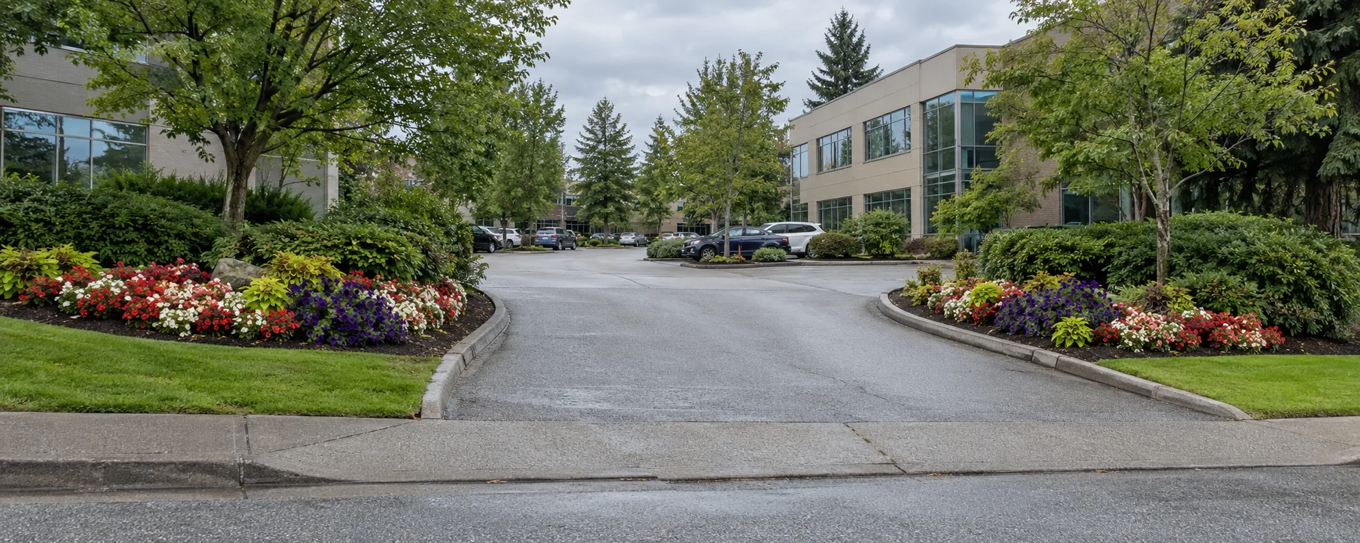 Maintained grounds and annual flower displays at a commercial property in Metro Vancouver