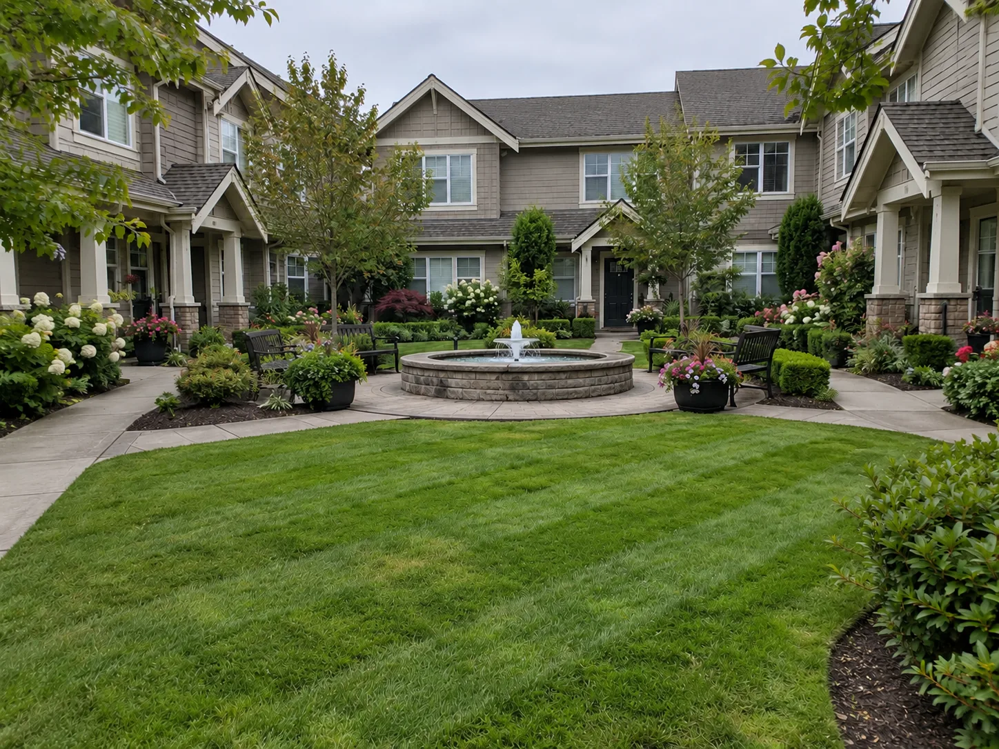 Striped lawn and fountain at a townhouse strata courtyard